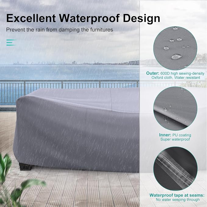 Patio Furniture Set Cover Waterproof, Heavy Duty Funiture Covers for Outdoor Sectional Sofa Set Wicker Rattan Table Chair Rectangular,108"L×82"W×28"H,Grey