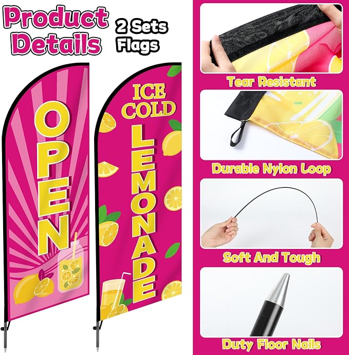 2 Sets Lemonade Feather Flag for Business Advertising 7 FT Summer Lemonade Swooper Flag Sign with Pole Ground Stake Portable Bag Windless Welcome Open Banner for Outside Garden Business Store (Pink)