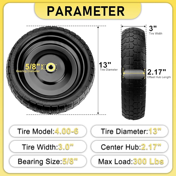 13-Inch Gorilla Cart Tires - Heavy Duty Replacement Tires for Gori-lla Carts, 13" Flat Free Tire Fit Gorilla Cart, Wheelbarrow Garden Wagon Cart, Hand Trucks and Utility Cart (4-Pack)