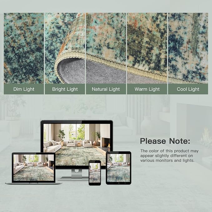 9x12 Area Rug for Living Room, Abstract Washable Large Rugs, Coffee/Green | Neutral Carpet for Bedroom, Dining Room, Home Office Nursery Indoor, Stain Resistant, Non-Slip, Low Pile, Modern Rug