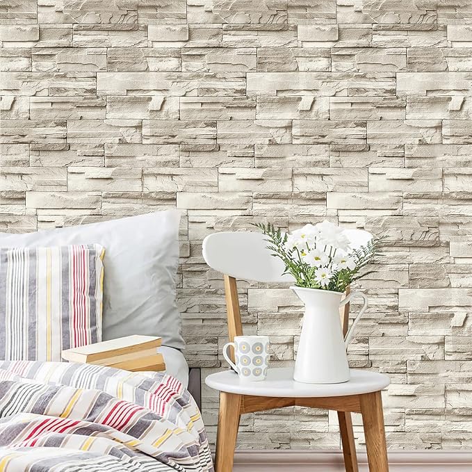 Jeweluck Stone Wallpaper Peel and Stick Brick Wallpaper 17.7”×590.5” Brick Contact Paper Peel and Stick Wall Paper Bathroom Faux Stone Backsplash for Kitchen Removable Decorative for Walls Vinyl