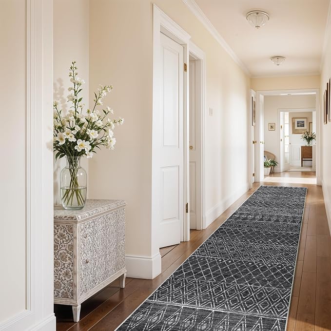 Moroccan 2'6"x12' Hallway Runner Rug: Washable Non Slip Bedroom Rugs Black | Soft Long Low Pile Farmhouse Neutral Carpet with Rubber Backing for Entryway Kitchen Laundry