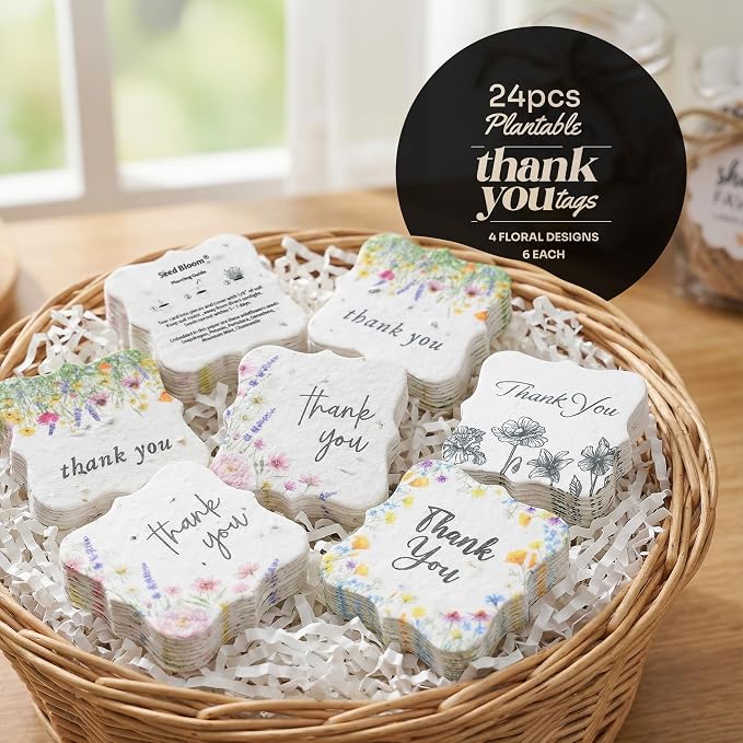 24Pcs Plantable Square Thank You Tags with Wildflower Seeds - 4 Floral Designs (6 Each) Writable Favor Tags for Birthdays, Weddings, Bridal Shower, Mom Gifts, Party Favors & Gift Wrapping