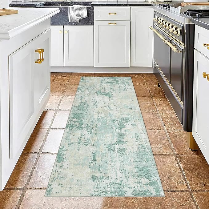 ROYHOME Modern Abstract 2x6 Runner Rug Washable Non Slip, Green | Stain Resistant Rug for Hallway Kitchen Bedroom Non Shedding Low Pile Indoor Floor Cover