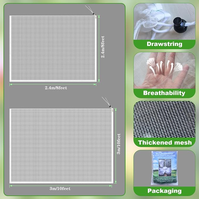 Large Fruit Tree Netting, 2 Pack 10x10Ft Garden Netting Pest Barrier Mesh Covers Bags with Zipper and Drawstring Insect Bird Cover Netting Plant Protection Covers for Vegetables Bushes