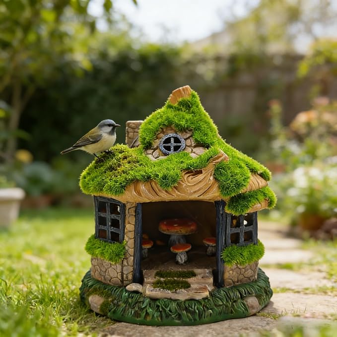 COWOS Fairy Garden House, Flocked Moss Miniature Cottage for Outdoor Yard Decor, Weather-Resistant Resin Forest House with Mushroom Furniture, Fairy Garden Accessories for Patio, Lawn, Home, and Gift