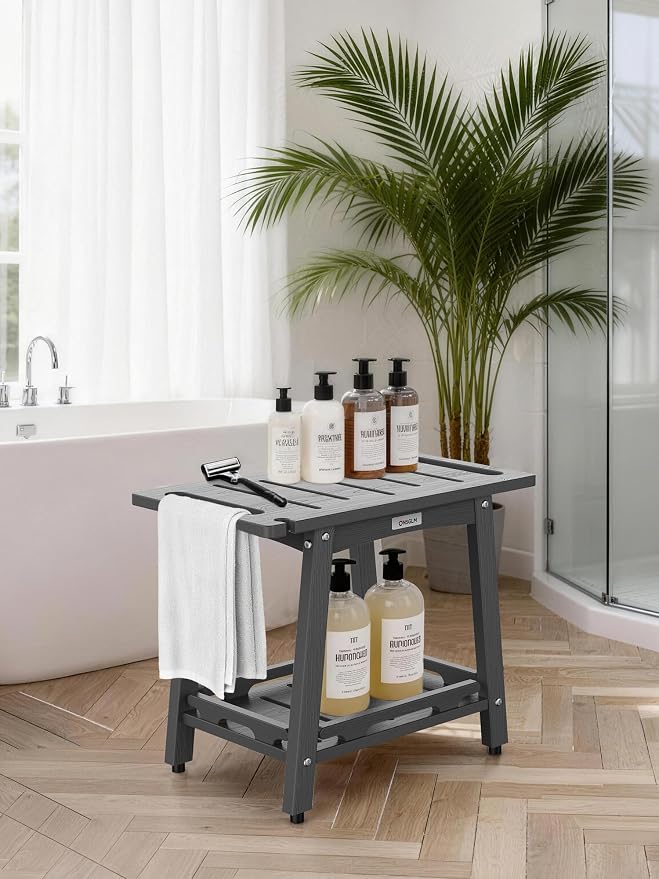 22" Large Shower Bench Seat, Non-Slip Shower Benches for Inside Shower to Sit on, HDPE Waterproof Shower Stool, Shower Chair with Adjustable Feet for Bathroom, Indoor/Outdoor Use, Grey