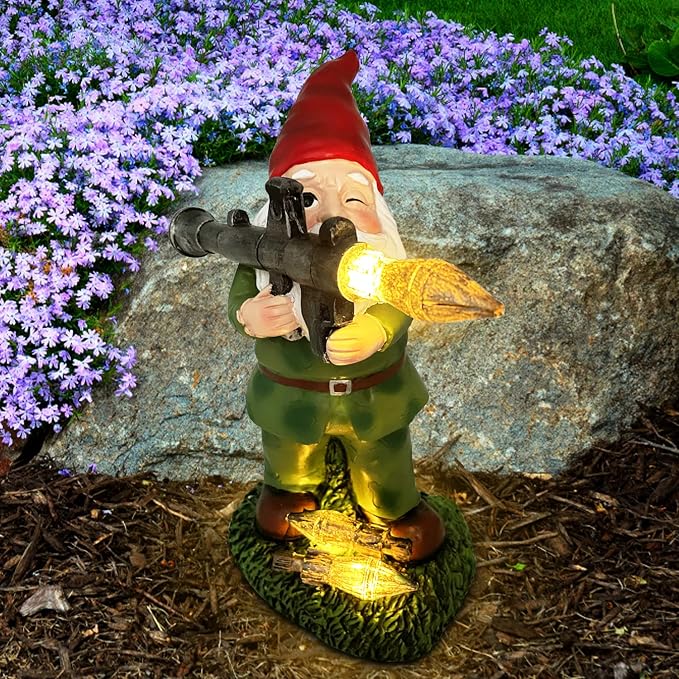 Solar Military Garden Gnome Statue with RPG, Large War Army Combat Defender Soldier Patriotic Gnome Figurine with Gun, Outdoor Patio Yard Lawn Home Ornament Decor, Valentine's Day Men Gift
