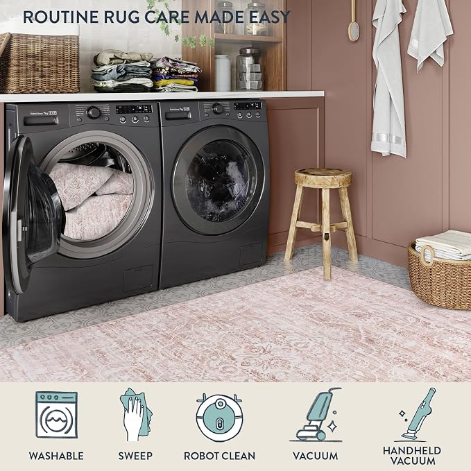 Lahome Pink Rugs for Bedroom Girls,Cute Nursery Rug Boho Area Rugs 5x7 | Floral Living Room Rug Carpet Ultra-Thin Soft Washable, Kids Rugs for Playroom Baby Room Decor Dorm Aube (Light Pink, 5'X7')