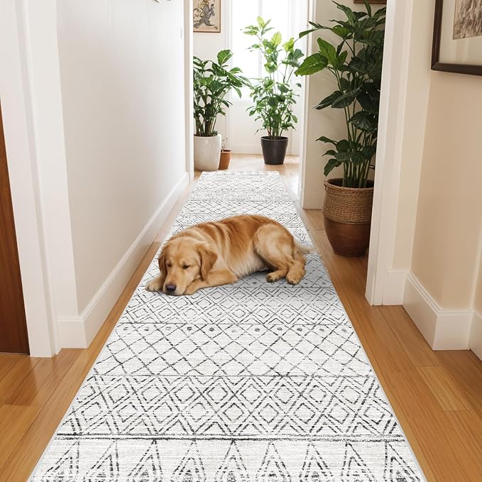 2'x6' Hallway Runner Rug:Moroccan Modern Geometric Grey Rug | Washable, Non-slip Backing, Soft Thin Low Pile Texture,Ideal for Front Door Entry, Bedroom, Living Room,Home Decor