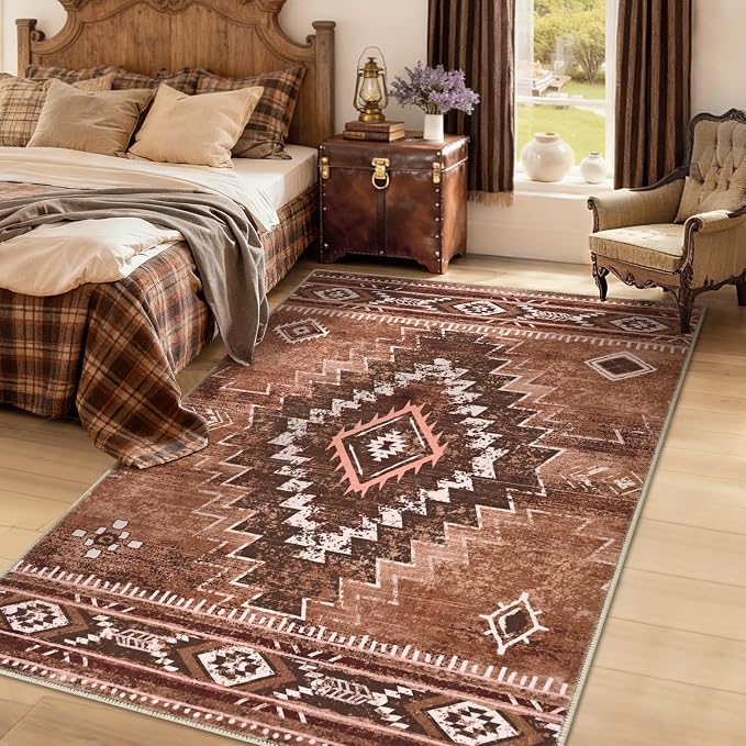 Yinhua Western 3x5 Entryway Rug, Moroccan Washable Rug Low-Pile | Aztec Non-Slip Area Rugs with Rubber Backing, Soft Brown Carpet Stain Resistant for Dining Room Living Room