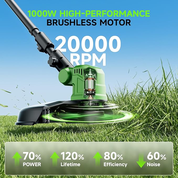 20000RPM Electric Weed Wacker Cordless, 14'' Wheeled String Trimmer Weed Eater Battery Powered, 3 in 1 Lightweight Cordless Edger Grass Trimmer Weed Trimmer with 8 Replacement Spools for Garden, Lawn