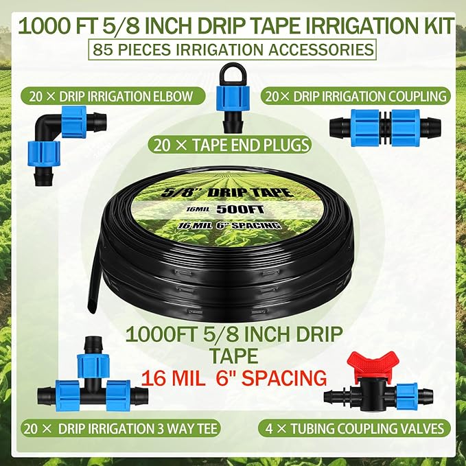 Tondiamo 1000 ft 5/8 Inch Drip Tape Irrigation Tubing Kit 16 Mil 6 Spacing Hose Garden Landscape Irrigation System Automatic Equipment for Farms
