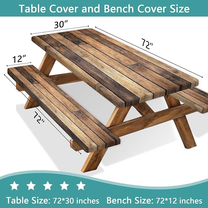 Wooden Picnic Table Cover with Bench Covers and Bag, Waterproof Windproof, Camping Fitted Tablecloth Cover with Elastic Edge, for Indoor & Outdoor, Garden, Camping, 3 Pieces Set, 30x96 Inch