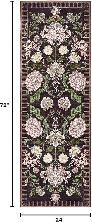 GarveeHome Plum Pink Floral Botanical 2x6 Washable Kitchen Runner Rugs Non Slip Black Purple Vintage Boho Cottage Long Rug for Hallways Bedroom Entryway Bathroom Mat with Rubber Back