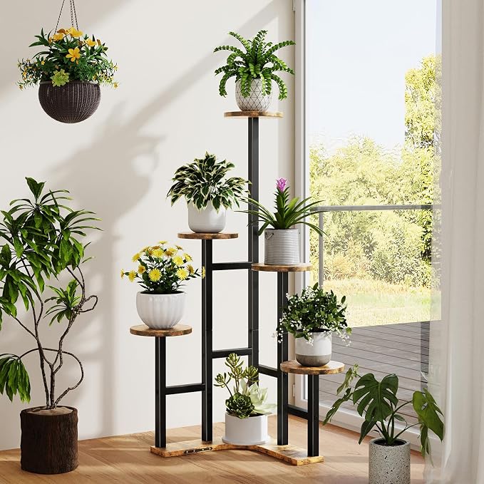Yzosvki Corner Plant Stand Indoor, 6 Tiered Corner Plant Shelf Flower Stand for Multiple Plants, Plant Shelves Organizer Rack for Living Room, Balcony, Patio, Garden, Round Rustic Brown