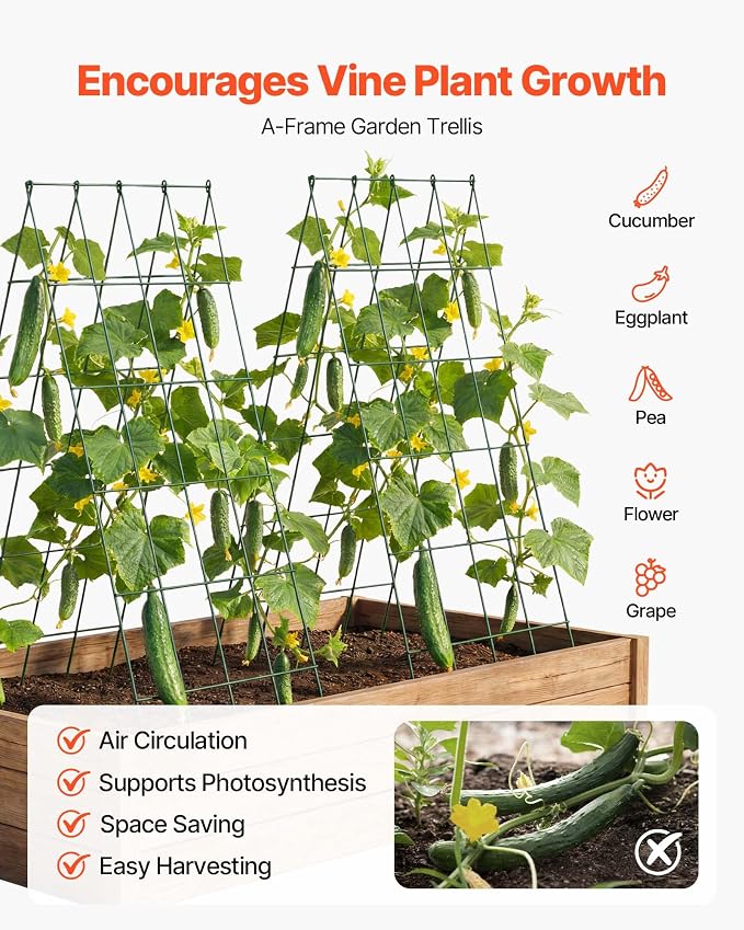 VEVOR Cucumber Trellis, No Assembly Required, 39" High 2 Pack Foldable A-Frame Garden Trellises for Raised Bed, Metal Rustproof Outdoor Climbing Plant Support for Vine, Peas, Beans, Tomato, Flowers