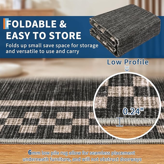 GarveeHome 4x6 Rug Small Washable Living Room Rug Modern Bordered Area Rugs | with Rubber Backing Soft Non Slip Low Pile Dining Room Throw Carpet Checkered Geometric Mats for Bedroom Kitchen, Black