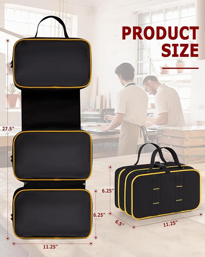 Marscamd Roll Up Tool Bag with 3 Clear Window Cases (One Detachable), Tri-fold Tool Bag Organizer for Hand Tools, Black