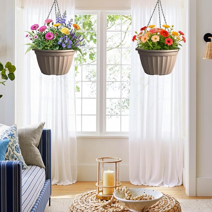 FGstyle 6 Pack Hanging Planters 8 Inch,Self Watering Pots for Indoor Plants,Plastic Hanging Basket with Soil Elevator and 20" Chain for Home Garden Porch Balcony Patio Decor(Beige)
