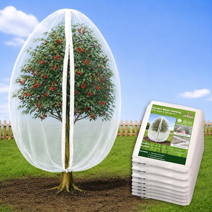 Jevrench 8 Pack 4 x 6ft Garden Netting for Plants, Fruit Tree Netting with Zipper & Drawstring, Bird Netting for Garden Protection, Blueberry Bushes, Tomato Plants & Fruit Trees