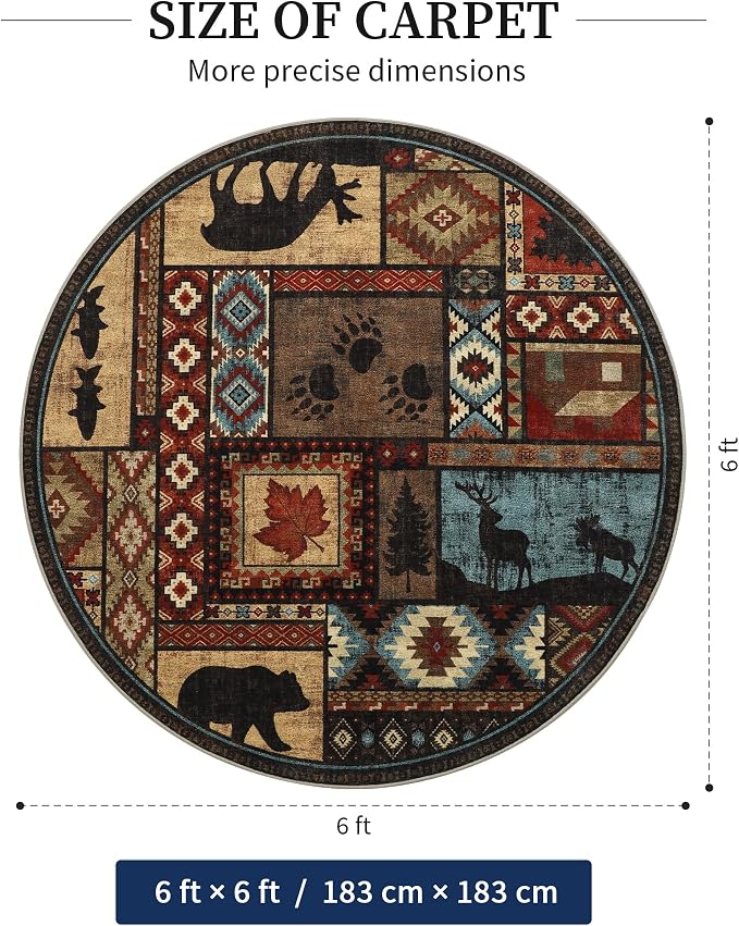 YIHOUSE Rustic Round Rug 6ft, Washable Circle Area Rug with Non-Slip Backing, Low Pile Soft Western Cabin Rugs for Living Room, Bedroom