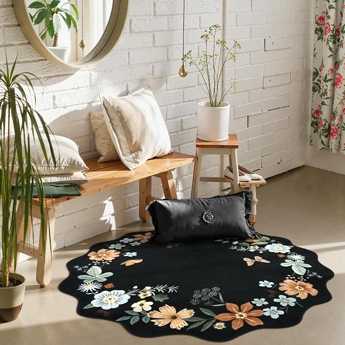 Lahome Floral Round Circle Rugs, Washable Small Round Rug 3ft Non-Slip | Soft Boho Ultra-Thin Circle Carpet for Bedroom Entryway Kitchen Laundry Bathroom Flore Black/Grey