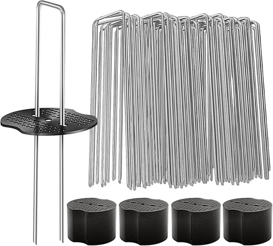 300 Pcs Garden Stakes Landscape Staples Set, 6 Inch 11 Gauge Heavy Duty Galvanized 150 U-Shaped Pins with 150 Gaskets for Weed Barrier Fabric, Grass Sod, Artificial Turf & Yard Landscaping