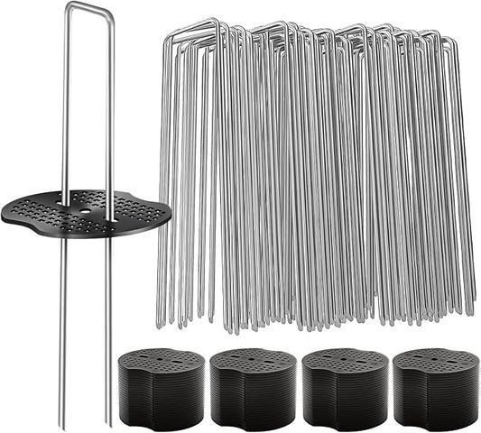 400 Pcs Garden Stakes Landscape Staples Set, 6 Inch 11 Gauge Heavy Duty Galvanized 200 U-Shaped Pins with 200 Gaskets for Weed Barrier Fabric, Grass Sod, Artificial Turf & Yard Landscaping