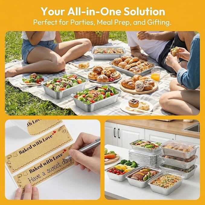 Gyeruni 100 Pack Disposable Aluminum Loaf Pans with Lids and Stickers Kit, 6" x 4.7" x 2" Small Foil Loaf Pans Disposable Mini Foil Baking Tins Trays for Food Containers/Cakes/Bread
