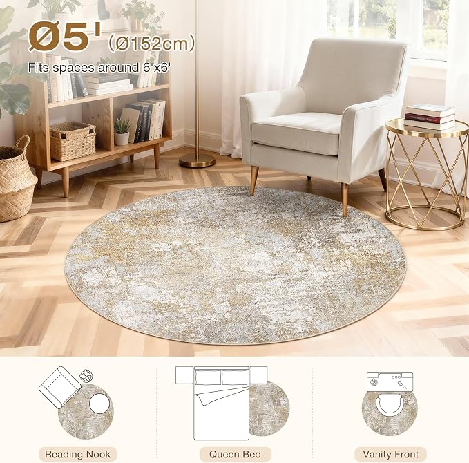 Tortania Washable 5' Round Area Rug for Living Room: Modern Abstract Neutral Large So' Thin Rugs - Non Slip Indoor Carpet for Bedroom Dining Room Office Nursery Home Floor Decoration - Brown Grey
