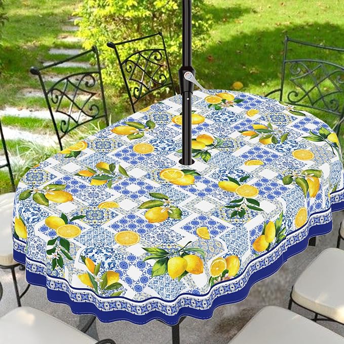 Outdoor Tablecloth with Umbrella Hole and Zipper, Oval Patio Table Covers for Spring/Summer, Machine Washable Outdoor Picnic Table Cloth (Mediterranean, 60" × 120" Oval)