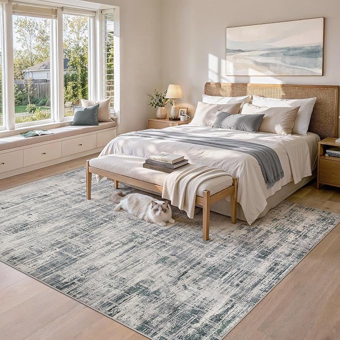 UERMEI 9x12 Area Rug for Living Room Washable Abstract Gray Carpet | Low Pile Non-Slip Soft Neutral Modern Kid Pet Friendly Large Rugs For Bedroom Dining Room Nursery Office Indoor Decor