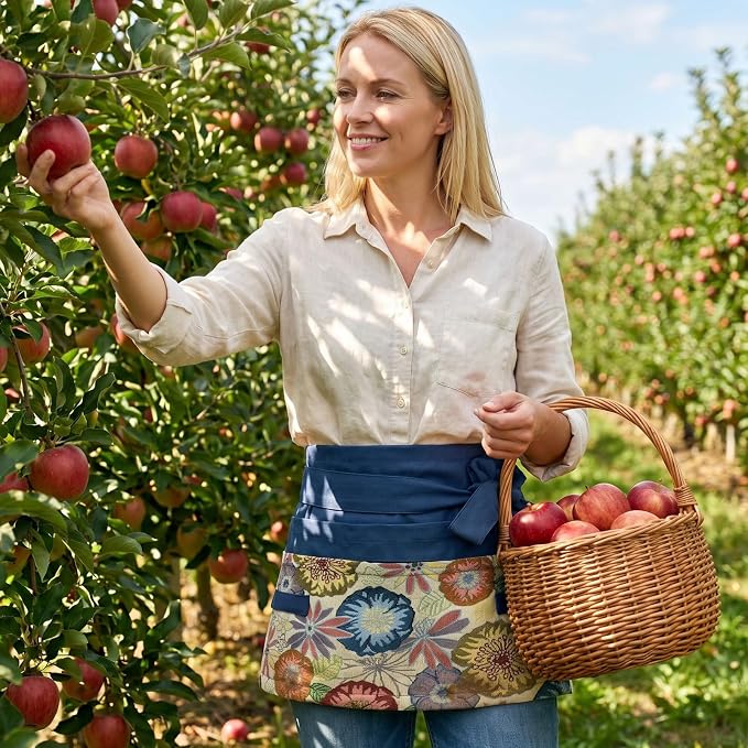 Garden Apron for Woman, Serve Apron Cute, Flora Half Apron with 8 Pockets, Valentines Gift for Mom Wife Girlfriend