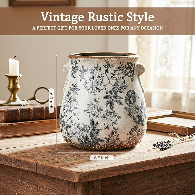 Ceramic Scroll Planter 6.5 Inch Chinoiserie Floral Vase with Drainage Holes Vintage Flower Vase Flower Pot Rustic Ceramic Pots for Indoor Plants Garden Home Bookshelf Decor(Retro Gray)