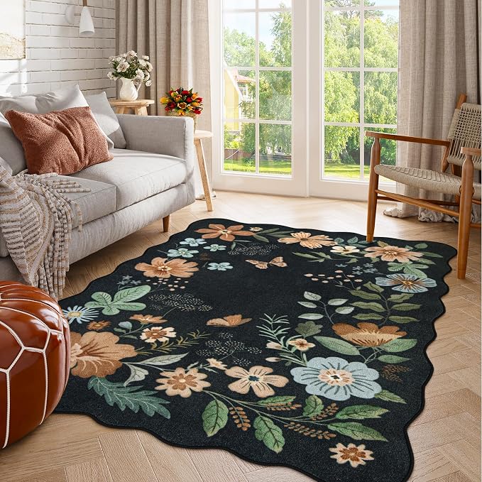 Lahome Floral Washable Rugs for Bedroom Entryway, 4X6 Living Room Rug | Ultra-Thin Non-Slip Soft Stain Resistant Boho Throw Carpet for Office Entryway Dining Room Flore (4x6ft, Black/Grey)