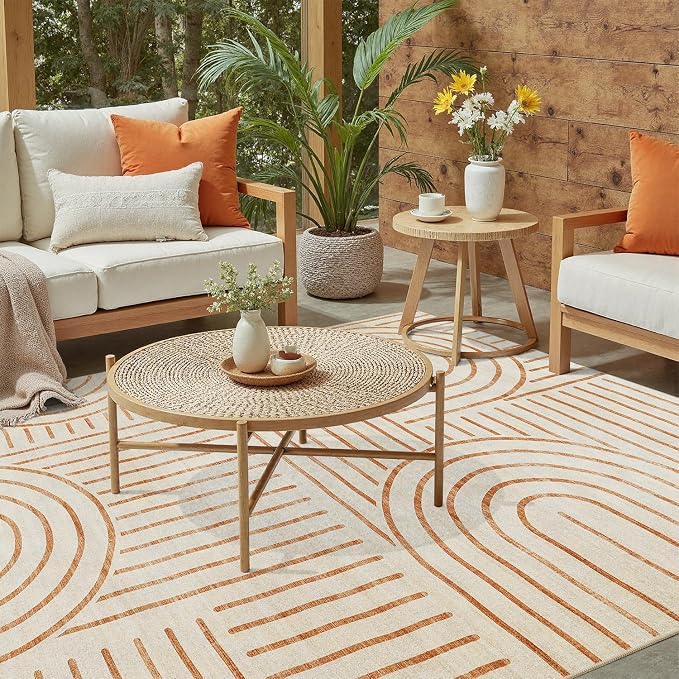 DCX Abstract Washable 4x6 Rug, Non Slip Low Pile Rug, Beige | Rugs for living room, bedroom, dining room, office, soft, mid century modern rug, sain resistant indoor carpet, home decor
