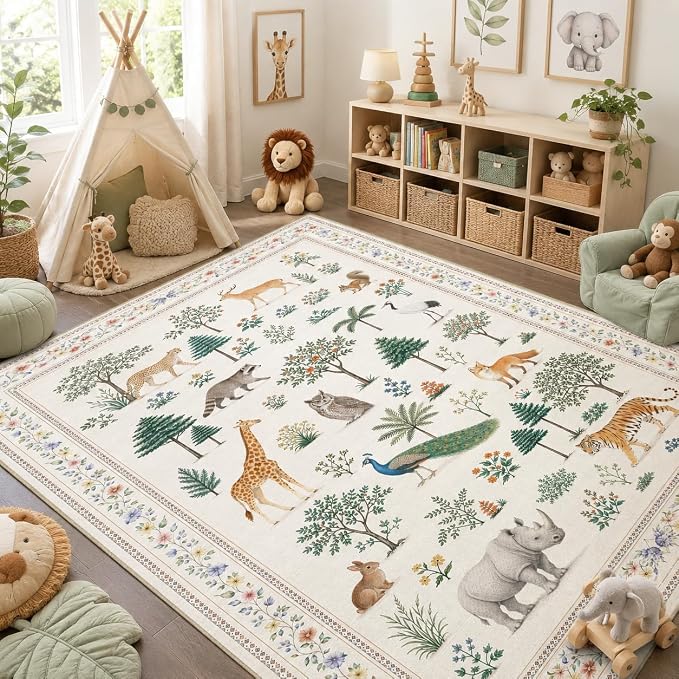 Area Rug 5x7 Jungle Animal Print Rug Wild Zoo Animals Forest Rugs for Living Room Machine Washable Non-Slip Printed Low Pile Indoor Carpet for Kids Room Nursery Bedroom Playroom,Beige