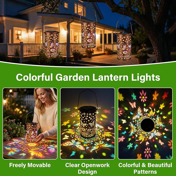 2Pack Colorful Butterfly Solar Lanterns Outdoor Decor, Garden Decor Gifts for Women Mom Sister Grandma, LED Hanging Solar Lantern Lights Outside for Table Yard Lawn Garden Path Porch