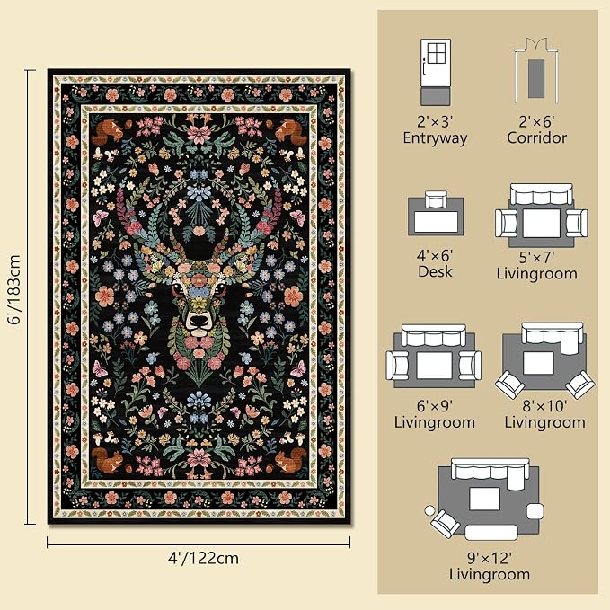 Area Rug Vintage Floral Deer Pattern 4x6 - Bohemian Forest Animal Carpet with Squirrel & Butterfly, Soft Decorative Area Rug for Living Room Bedroom Home Decor