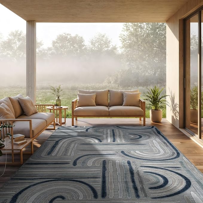 CAMILSON Indoor Outdoor Rug, Blue 9x12 Geometric Arch Striped Large Area Rugs for Patio and Home Areas, Easy-Cleaning Non-Shedding Living Room, Garden and Deck Washable Outside Carpet (9 x 12)