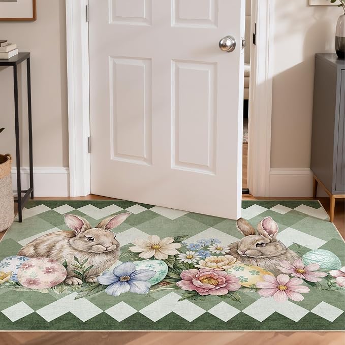 cotiled Area Rug for Living Room, Washable Non-Slip Large Area Rug, Indoor Floor Carpet Low Pile Soft Boho Farmhouse Rug for Bedroom Dining Room Green 3x5