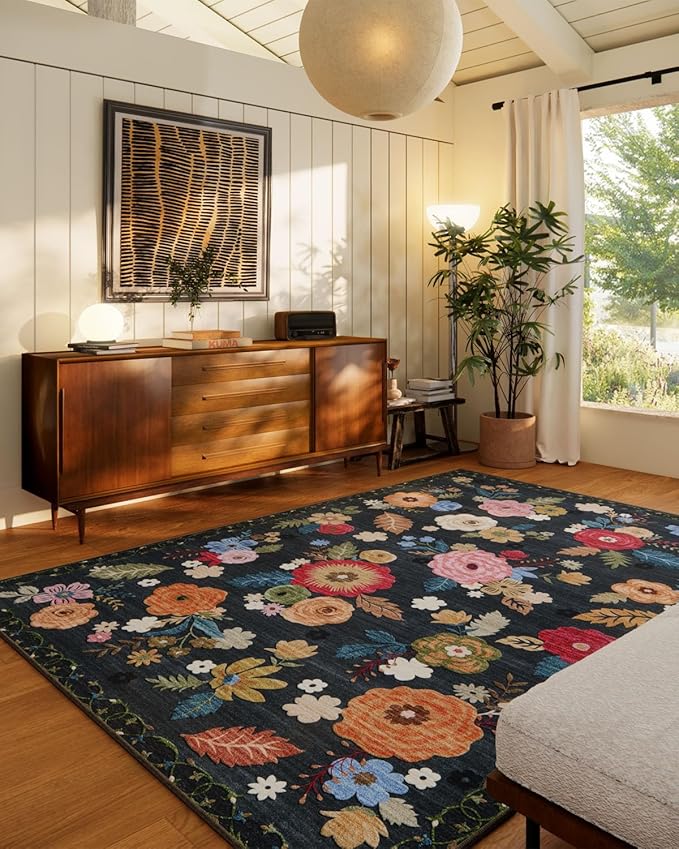 8x10 Area Rugs for Living Room: Washable Rug Non Slip Low Pile Soft Faux Wool Non Shedding Vintage Floral Large Carpet for Bedroom Dining Room Kitchen Nursery Under Table Home Office Farmhouse Indoor