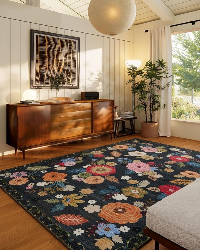 6x9 Area Rugs for Living Room: Washable Bedroom Rug Non Slip Low Pile Soft Faux Wool Non Shedding Vintage Floral Large Carpet for Dining Room Under Table Nursery Entryway Home Office Farmhouse Indoor