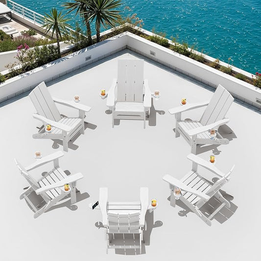 SERWALL Modern Folding Adirondack Chair Set of 6, Weather Resistant HDPE Outdoor Adirondack Chair with Cup Holders, Fire Pit Chairs for Patio Lawn Garden, White