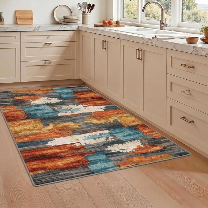 3x5 Burnt Orange and Teal Abstract Brushstroke Area Rug | Soft Low-Pile Machine-Washable Rug with Non-Slip Backing for Dining Rooms, Entryways and Reading Areas for Easy Everyday Care