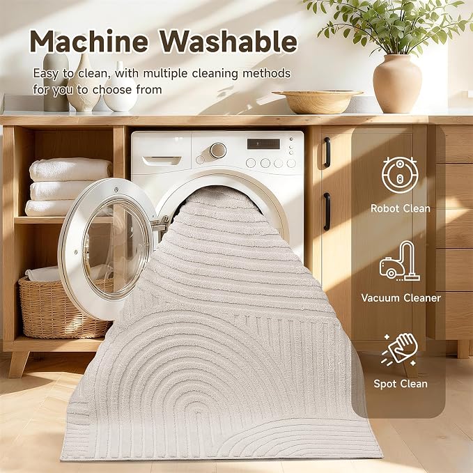 Pauwer 3x10 Area Rugs for Living Room, Modern Non Slip Washable Rug, Beige | Arch Pattern, Soft Fluffy, Neutral, Boho Accent, Solid Color Floor Carpet, For Kids Room Dining Room Nursery Entryway