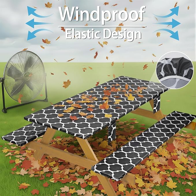 Fitted Picnic Table Cover with Chair Covers Elastic Water Resistant Camping Tablecloth for 8 Foot Rectangle Tables Garden Patio Outdoor Organization Road Trip Hiking Motorhome Essential Gift