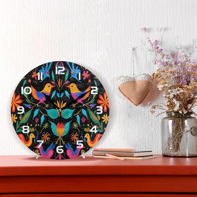 Mexican Flower Pattern Wall Clock, Silent Non Ticking 10 Inch Battery Operated Wall Clocks, Easy to Read Clock for Home Kitchen Living Room Bathroom Office Decor
