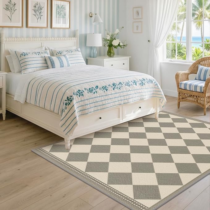 Diamond Corner Easy Jute Rug 4x6, Large Checkered Farmhouse Indoor Outdoor Patio Carpet for Backyard, Porch Decor, Low Profile Washable Non Slip Light Gray Area Rug for Living Room, Bedroom, Entryway